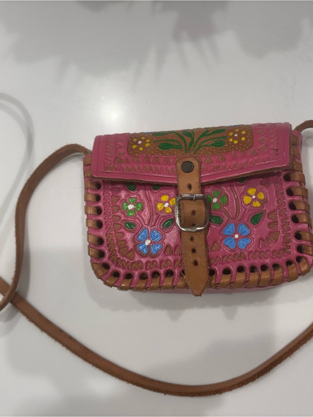 Handcrafted Pink Floral Leather Crossbody Bag - Boho Style